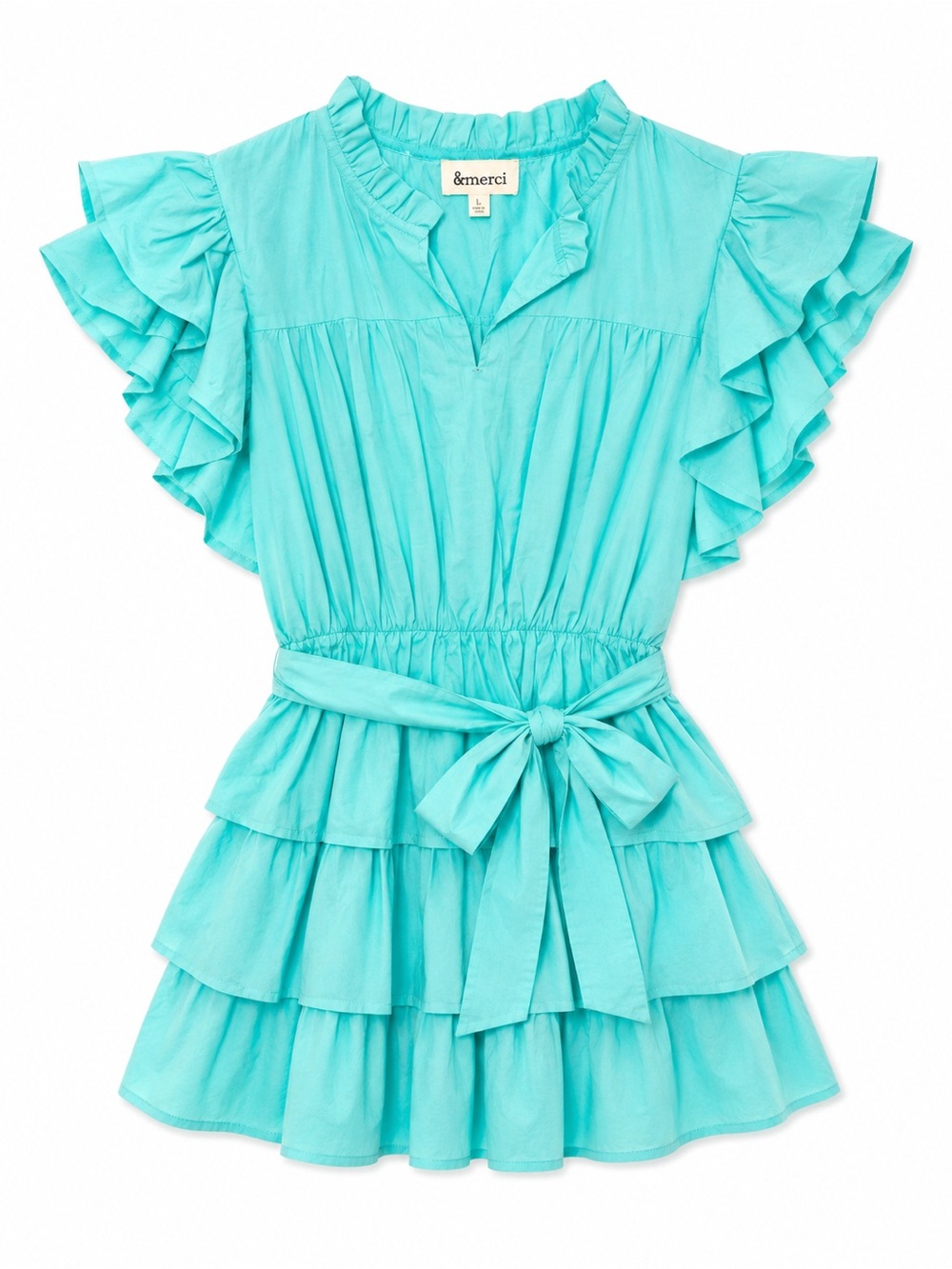 &merci Aqua Tiered Ruffle Mini Dress with Waist Tie
